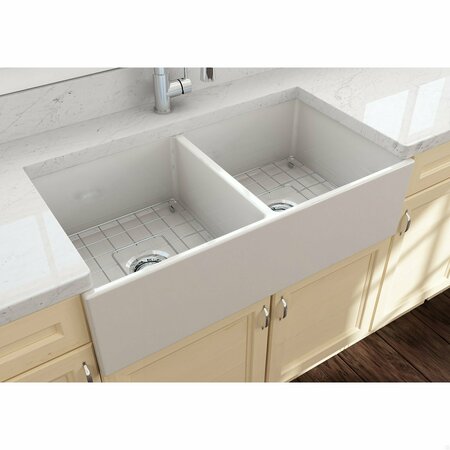 BOCCHI Contempo Farmhouse Apron Front Fireclay 36 in. Double Bowl Kitchen Sink in Biscuit 1350-014-0120